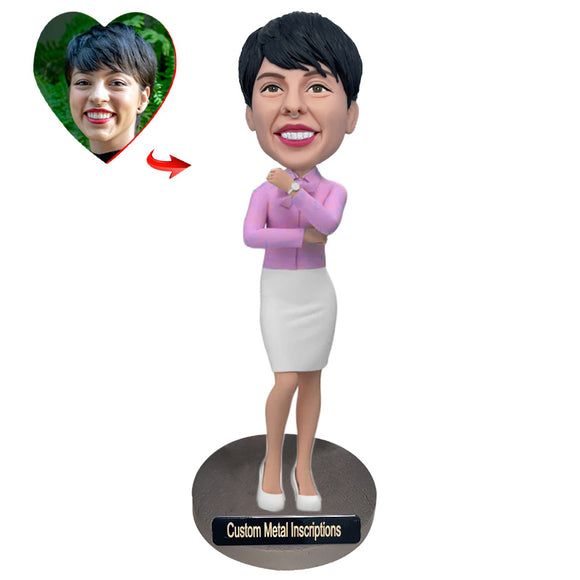 A Capable Female Boss Custom Bobblehead with  Metal Inscription