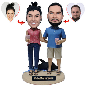 A Couple Vacationing on The Seaside Custom Bobblehead with Metal Inscription