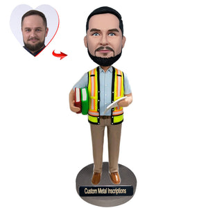 A Hard-working Construction Worker Custom Bobblehead with Metal Inscription