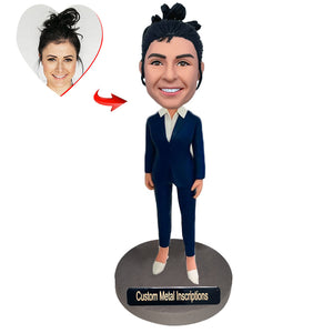 A Lady in A Formal Suit Custom Bobblehead with Metal Inscription