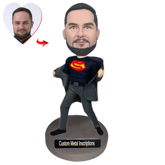 A Man in A Superman Suit Custom Bobblehead with Metal Inscription