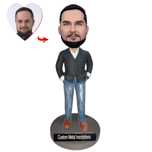 A Man with His hands in His Pockets Custom Bobblehead with Metal Inscription