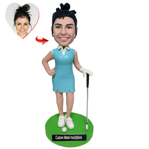 A Skilled Female Golfer Custom Bobblehead with Metal Inscription