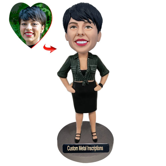 A Stylish Lady with Her Hands on Her Hips Custom Bobblehead with Metal Inscription