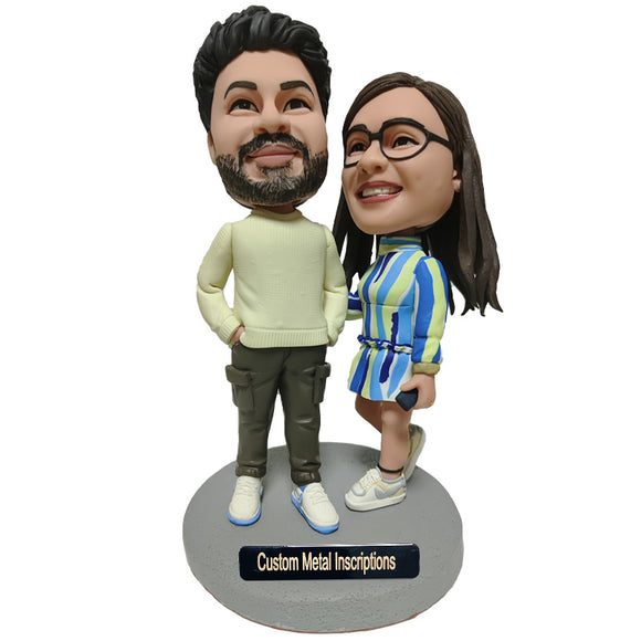 A leisurely and Happy Couple Custom Bobblehead with Metal Inscription