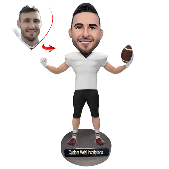 American Football Player Celebrating in White Sportswear Custom Bobblehead with Metal Inscription