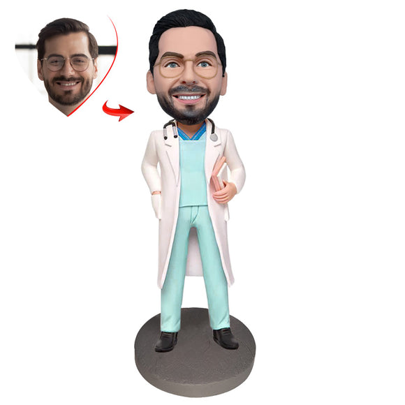 An Enthusiastic Doctor Custom Bobblehead with  Metal Inscription