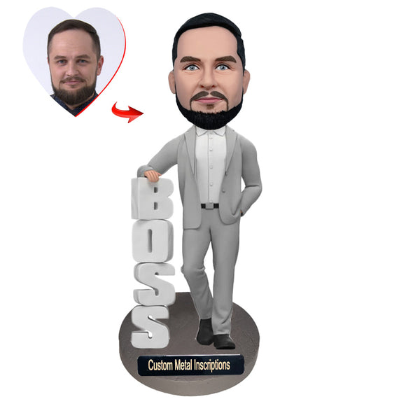 Boss's Day Gift Boss in Gray Suit Custom Bobblehead with Metal Inscription