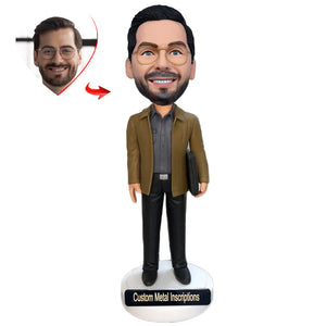 Business Man Carrying A Briefcase Custom Bobblehead with Metal Inscription