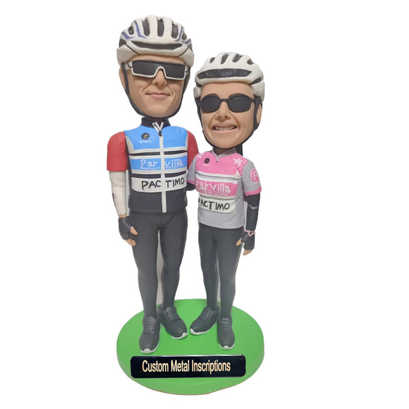 Couple Riding Bicycles Custom Bobblehead with Metal Inscription