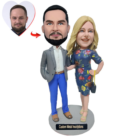 Elegant Couple Custom Bobblehead with Metal Inscription