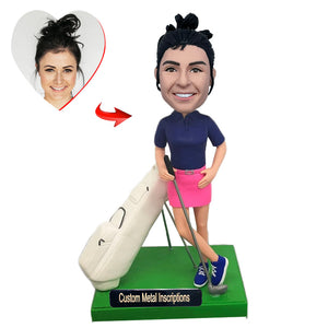 Female Golfer Custom Bobblehead with Metal Inscription