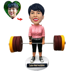 Female Weightlifter Custom Bobblehead with  Metal Inscription