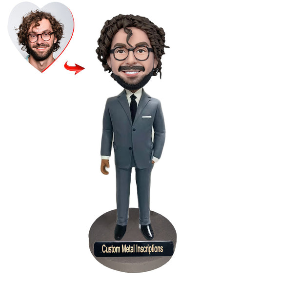 Handsome Boss in A Suit Custom Bobblehead with Metal Inscription