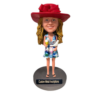 Lady on Beach Vacation Custom Bobblehead with  Metal Inscription