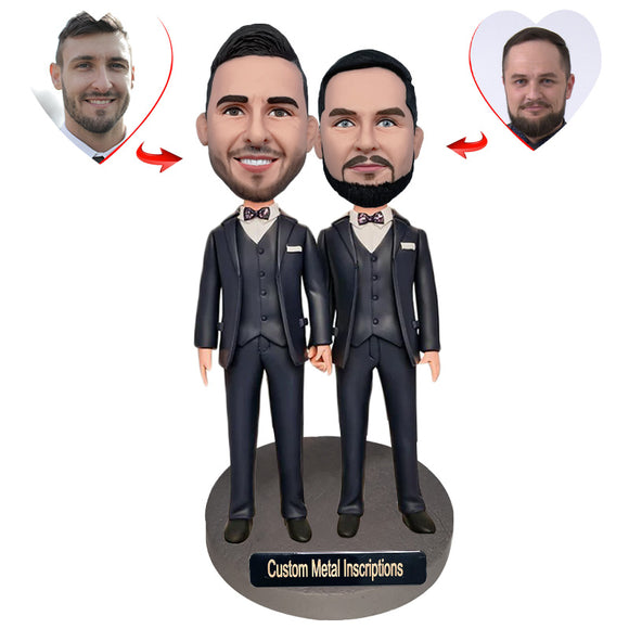 Male Same Gender Couple Custom Bobblehead with Metal Inscription