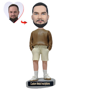 Male Wearing Regular Fit Cotton Shorts Custom Bobblehead with Metal Inscription