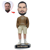 Male Wearing Regular Fit Cotton Shorts Custom Bobblehead with Metal Inscription