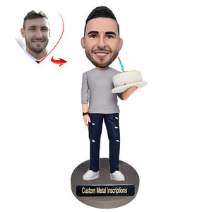 Man Holding Cake Custom Bobblehead with  Metal Inscription