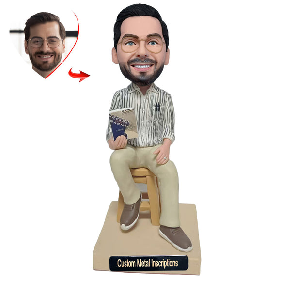 Man who Enjoy Reading Book Custom Bobblehead with Free Metal Inscription