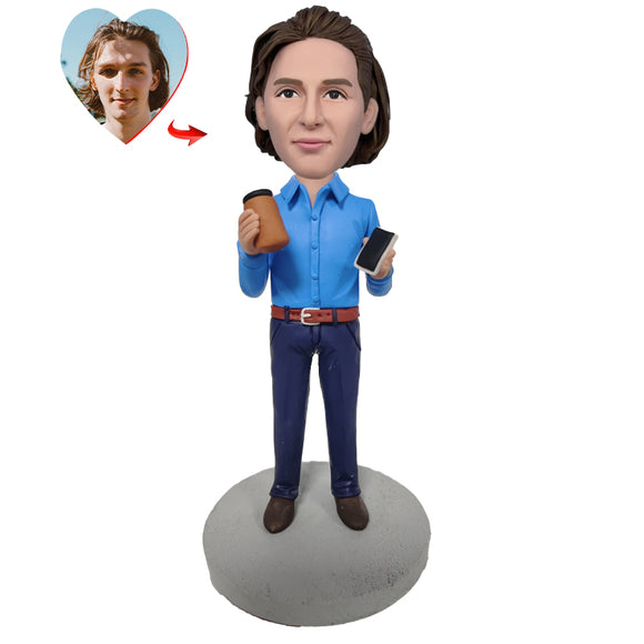 Business Man Holding Coffee And Mobile Phone Custom Bobblehead