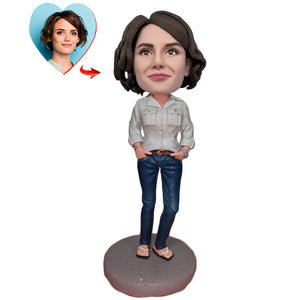 Casual Female With Hands In Pockets Custom Bobblehead