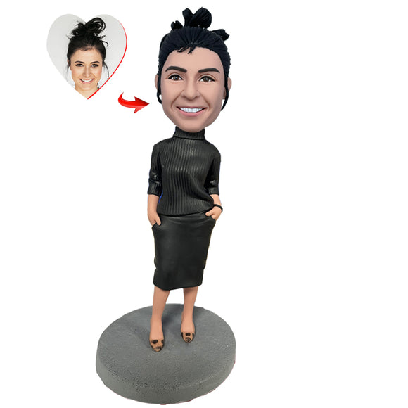 Elegant Lady With Black Dress Custom Bobblehead