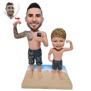 Father And Son Taking Selfies at The Beach Custom Bobblehead
