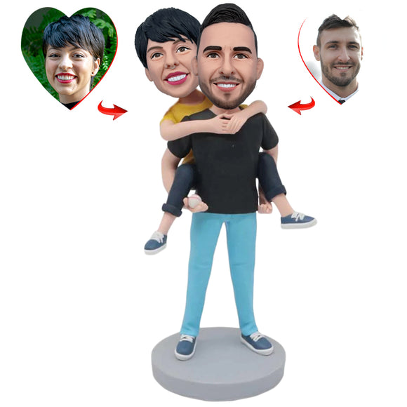 Happy Husband Carrying His Wife On His Back Custom Bobblehead